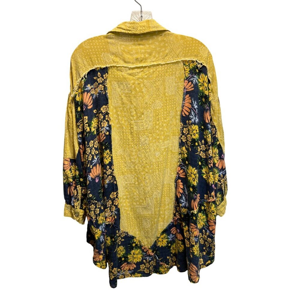 Pol Womens Yellow & Navy Floral Patchwork Button-Up Collared Long Sleeve Blouse - Picture 2 of 5